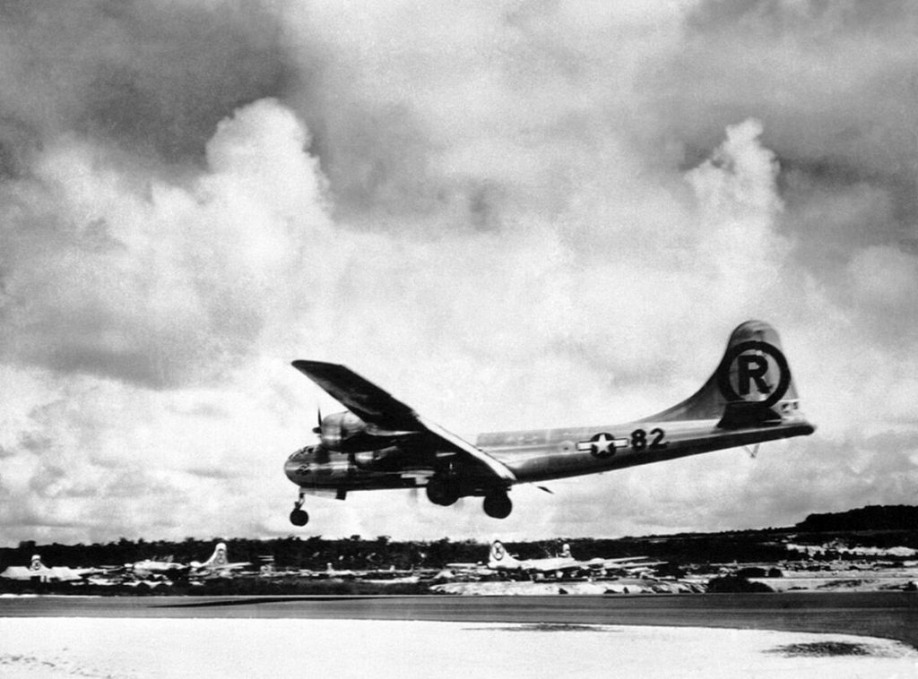 WWII veterans recall the tough missions leading up to Hiroshima and the efforts to hide the Enola Gay, seen here returning from dropping the atomic bomb on that city 75 years ago today. (AP Photo/Max Desfor)