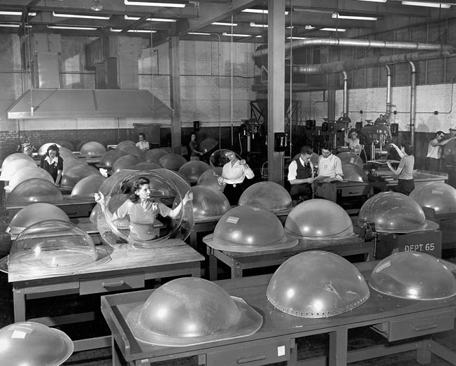 Gun control blister dome inspection at Bell Aircraft